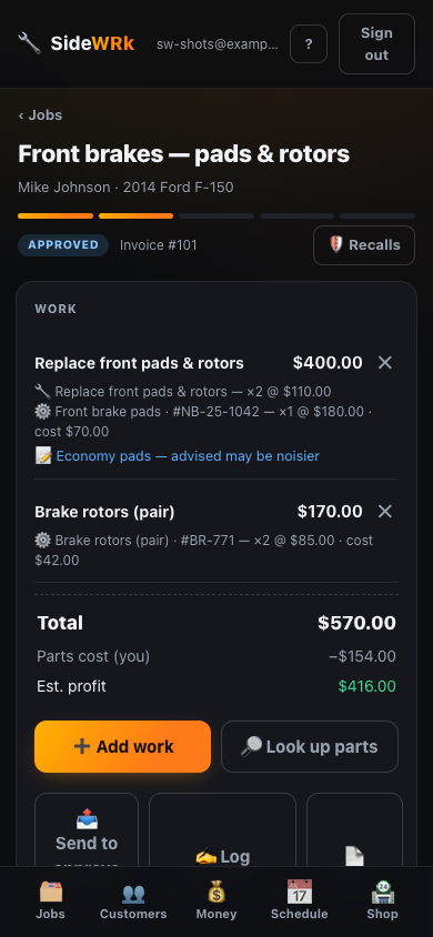 SideWRK job screen showing labor, parts, and real profit