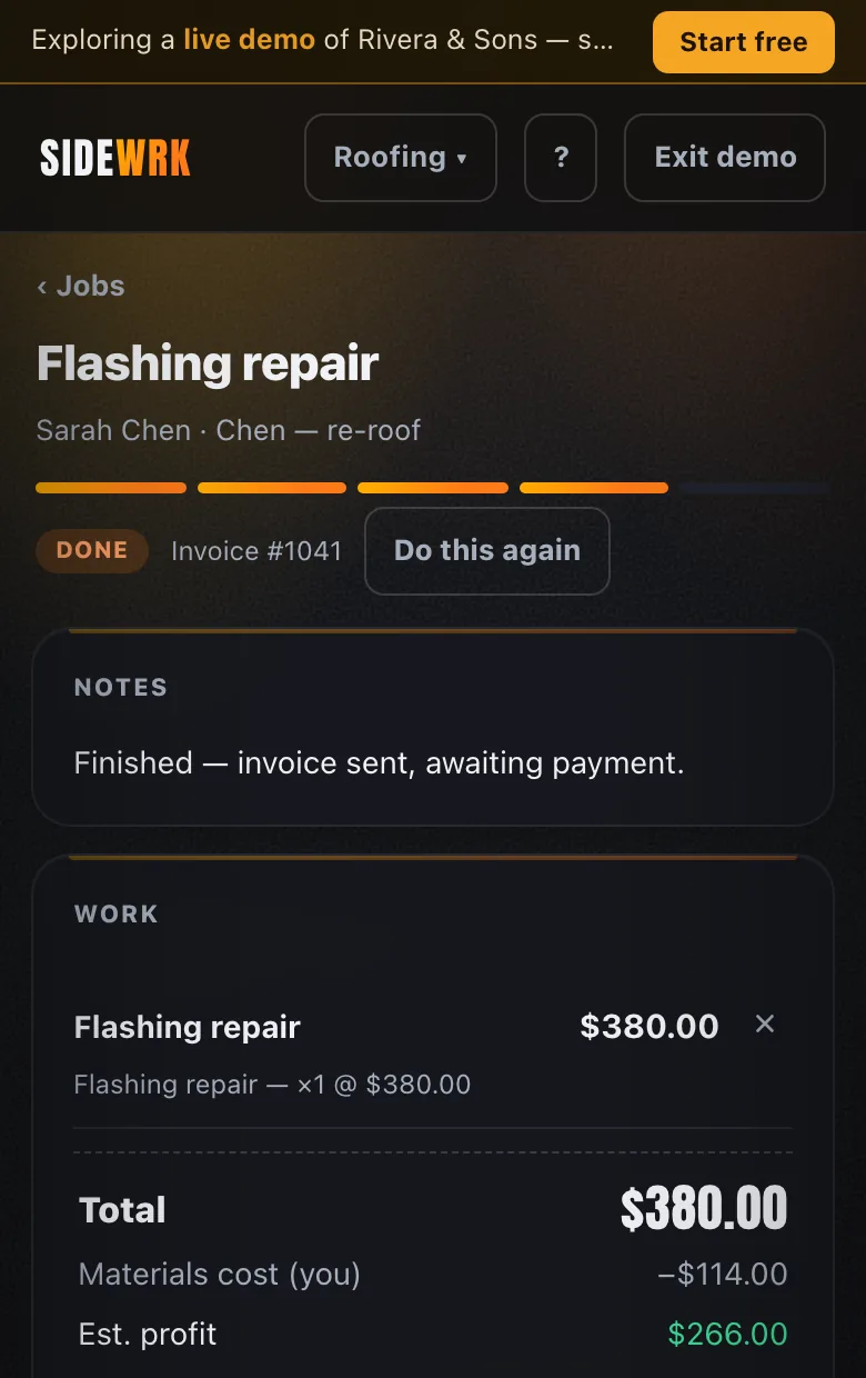 SideWRK demo with sample data: a roofing job titled Flashing repair, marked done, $380.00 total, materials cost $114.00, est. profit $266.00.