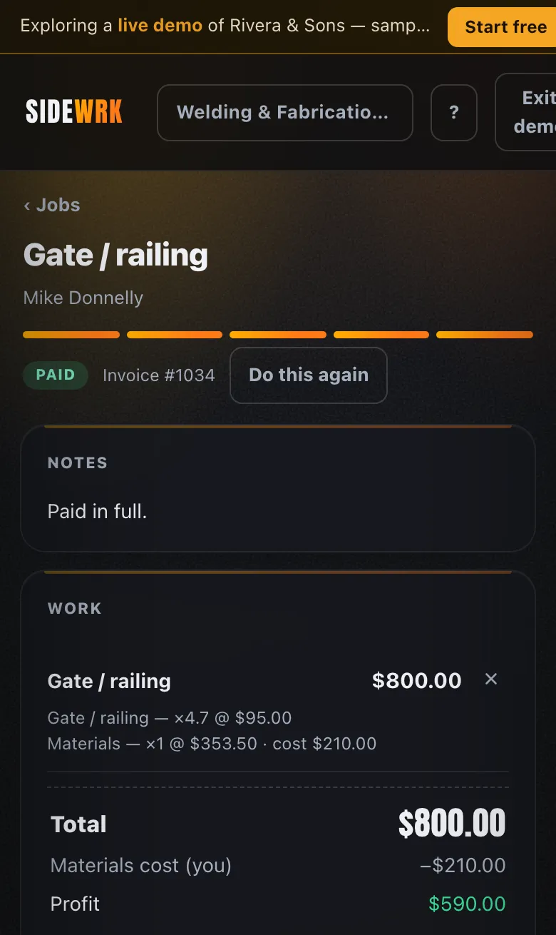 SideWRK demo with sample data: a paid welding job titled Gate / railing, $800.00 total, materials cost $210.00, profit $590.00.